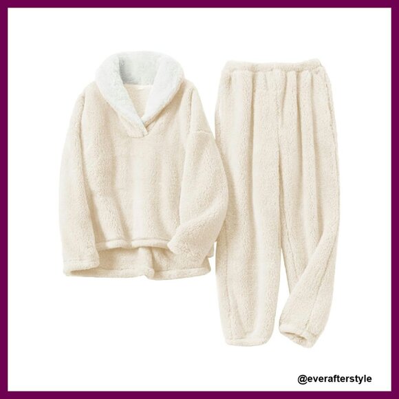 Fluffy Plush Pajama Lounge Set Loose Fit Pullover Pants with Pockets